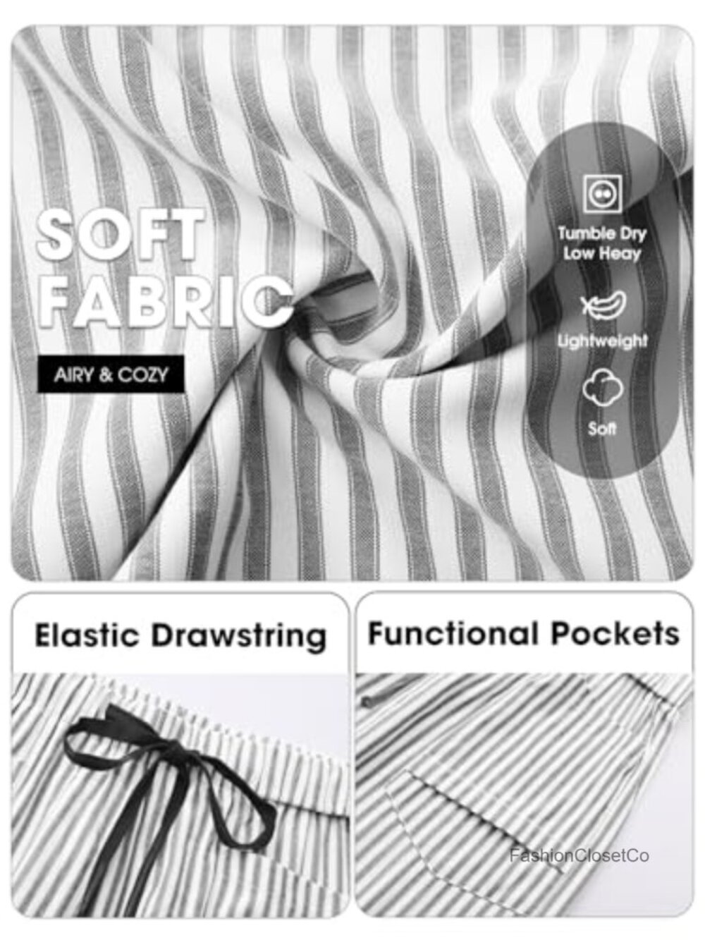 Faux Linen Striped Barrel Pants Drawstring Capri Lounge Trousers with Pockets - Picture 4 of 6